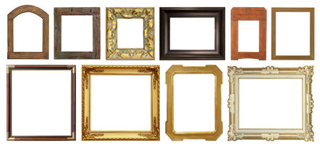 Assorted aged picture frames showing various styles and materials with transparent background