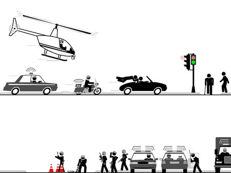 High-speed chase through the streets ending at police roadblockのイラスト素材