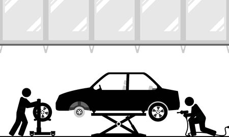 Changing tires in modern workshopのイラスト素材