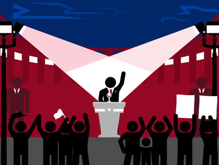 Political campaign speech in front of large crowd and spotlightsのイラスト素材