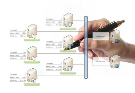 businessman hand with pen choose database on network diagram, isolatedの写真素材