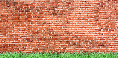 old brick wall with verdant grass for pattern or backgroundの写真素材