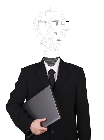 Template businessman occupation symbol head & hoding computer notebook, isolated included person clipping pathの写真素材
