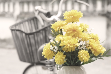 Marigold flower and old bicycle on street, soft focus with sepiaの写真素材