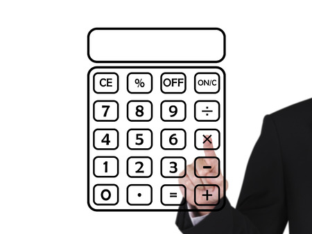 businessman press on blank black calculator, white backgroundの写真素材