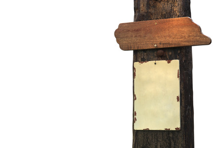 blank wood plate or signboard with billboard space for your text or idea on old wooden pole vintage style and white background isolated included clipping pathの写真素材