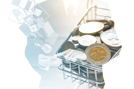 double exposure business financial various and many coin money in super market cart for spend or...