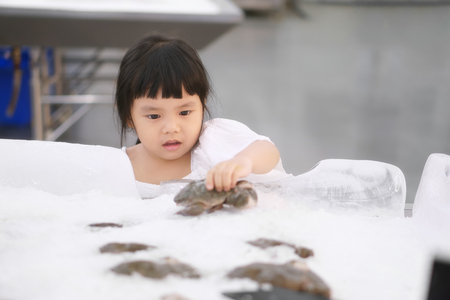 Asian children cute or kid girl holding and choose sale fresh frog or bullfrog in ice tray for buy or shopping and dinner food at supermarket in department storeの写真素材