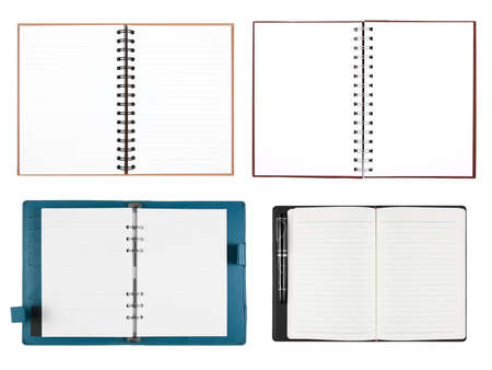 many and multi empty open diary or notebook and book with blank white paper and recycle with pen on top view for business note or education write on white background isolatedの写真素材