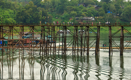 Landscape of the Longest Wooden Bridge at Songkalia River was Broken, Thailandのeditorial素材