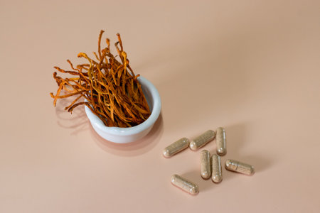 Dry cordyceps militaris mycelium on light orange background. Orange medical mushroom for good health with capsules.の写真素材