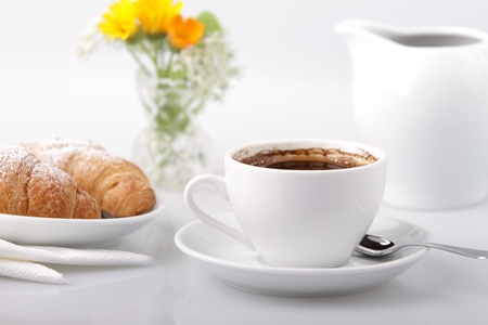 Breakfast with coffee and croissantの写真素材