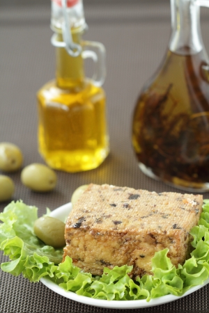 Tofu cheese and oil bottleの写真素材