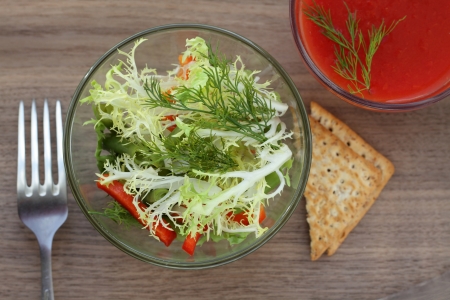 Fresh green salad and crackersの写真素材
