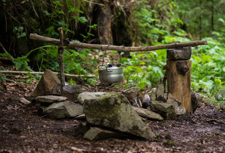 Pot hanging over the fireの写真素材