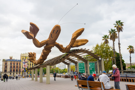 Barcelona, Catalonia, Spain, October 02, 2016.  Giant lobster sculpture at Port Vell, in Barcelona, Spainのeditorial素材