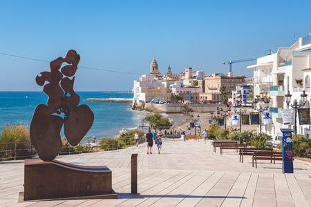 SITGES, CATALONIA, SPAIN - SEPTEMBER 29, 2016: View on the Church of Sant Bartomeu and Santa Tecla in Sitgesのeditorial素材