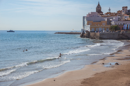 SITGES, CATALONIA, SPAIN - OCTOBER 07, 2016: View on the Church of Sant Bartomeu and Santa Tecla in Sitgesのeditorial素材