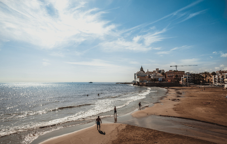 SITGES, CATALONIA, SPAIN - OCTOBER 07, 2016: View on the Church of Sant Bartomeu and Santa Tecla in Sitgesのeditorial素材