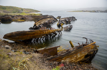 Cemetery of fishing boats in water of the Barents Sea, Teriberka, Russia.の写真素材