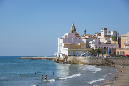 SITGES, CATALONIA, SPAIN - SEPTEMBER 29, 2016: View of the San Sebastian Beach, Sitgesのeditorial素材