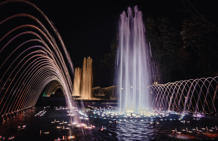 Fountains with colorful illuminations at night. Krasnodar, Russiaの写真素材