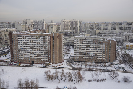 Moscow winter. Snow-covered courtyard of residential complex, top viewのeditorial素材