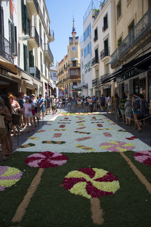 SITGES, CATALONIA / SPAIN - JUNE 18, 2017: CORPUS SITGES 2017. Flowers carpets on the Sitges streetsのeditorial素材