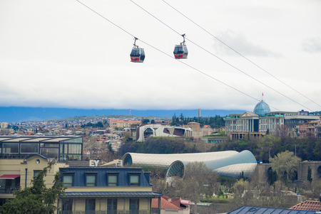 TBILISI, GEORGIA - 30 MARCH 2018: Aerial Cable Car. Cable car connects Rike Park on the left bank of the Mtkvari river with Narikala Fortressのeditorial素材
