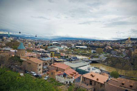 TBILISI, GEORGIA - 30 MARCH 2018: Aerial Cable Car. Cable car connects Rike Park on the left bank of the Mtkvari river with Narikala Fortressのeditorial素材