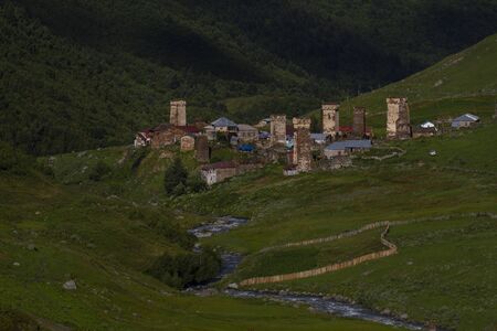Svan towers in Ushguli village, Svaneti region of Georgiaの写真素材