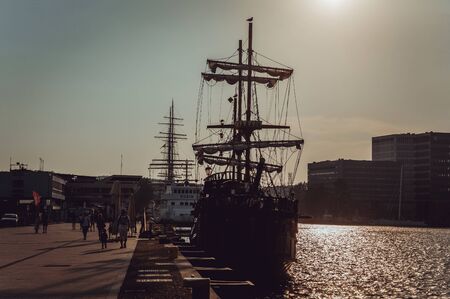 GDYNIA, POMERANIAN VOIVODESHIP / POLAND - JULY 27, 2018: View of port area in Gdynia city at Baltic...