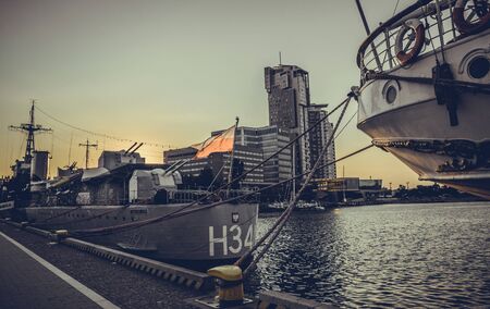 GDYNIA, POMERANIAN VOIVODESHIP / POLAND - JULY 27, 2018: View of port area in Gdynia city at Baltic...