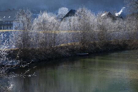 Winter morning on the lake. Triglav National Park. Julian Alps in Slovenia, Europeの写真素材