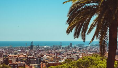 BARCELONA, CATALONIA / SPAIN - AUGUST 03, 2019: View of the Barcelona city from Park Guellのeditorial素材