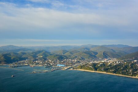 Aerial view of the city of Tuapse and the Black Seaの写真素材