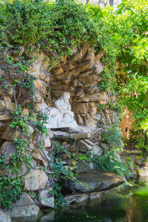 BARCELONA, CATALONIA / SPAIN - JUNE 10, 2017: Sculpture fountain in the park "Parc del Laberint d'Horta"のeditorial素材