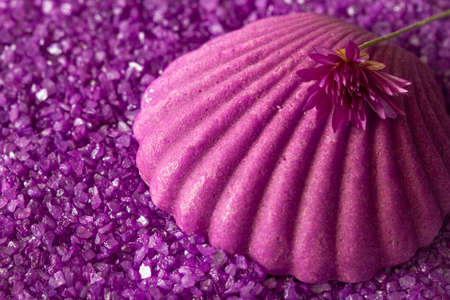 Aromatic bath salt with lavender scent, close-up. Lavender salt with natural spa productsの写真素材