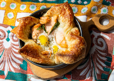 Puff pastry pie with salmon, eggs, herbs and cheeseの写真素材