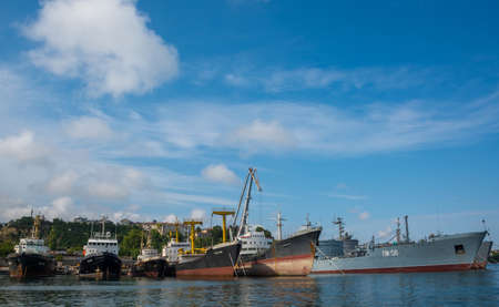 Sevastopol, Crimea - June 26, 2015: Naval base of the Black Sea Fleet. Ships of the Black Sea Fleet in the port of Sevastopolの写真素材