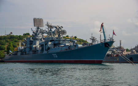 Sevastopol, Crimea - June 26, 2015: Russian cruiser Kerch. Naval base of the Black Sea Fleet. Ships...