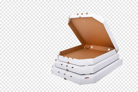 White carton pizza boxes isolated on white background, restaurant delivery packaging concept. Empty pizza box mock up copy space. Many stacked white cardboard pizza boxes of different sizesの写真素材