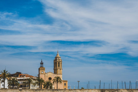 Views of Church of St. Bartholomew and Santa Tecla Sitges, Catalonia, Spain. copy spaceの写真素材