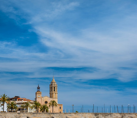 Views of the Church of St. Bartholomew and Santa Tecla Sitges, Catalonia, Spain. Space for textの写真素材