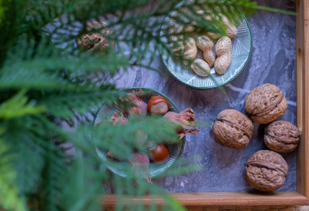 A variety of nuts in bowls from top view. Walnuts, hazelnut, peanut and pine nuts, mix selection. Healthy fitness super foodの写真素材