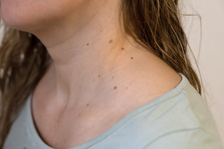Papillomas on the neck closeup. Medical examination of the problem skin. Dermatological concept, skincareの写真素材