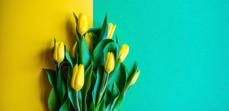 Beautiful romantic bouquet of yellow tulips. Congratulations on March 8, Birthday, Mother's Day, Valentine's dayの写真素材