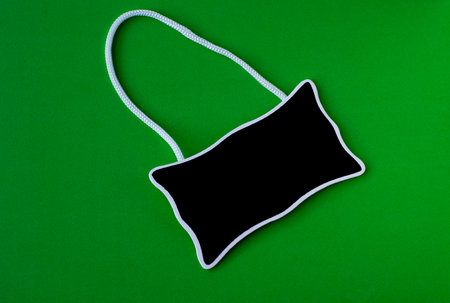 Blank black price tag on a green background. Top view.の写真素材
