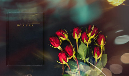 Holy Bible and red roses on the black and red background. Christian concept, copy spaceの写真素材