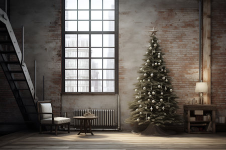 Stylish interior of the living room with a decorated Christmas treeの素材